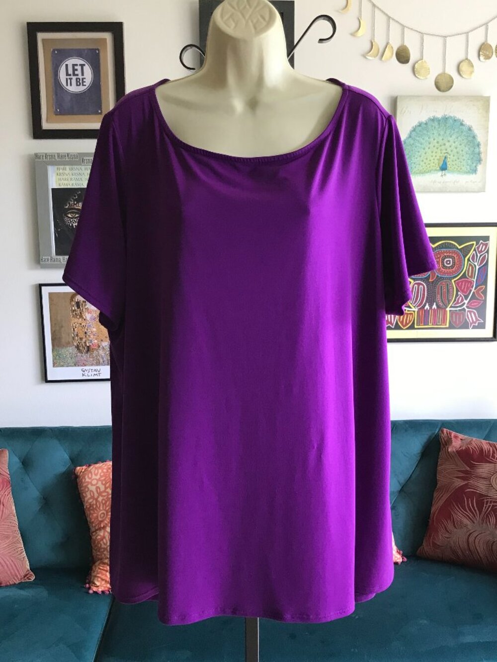 SUSAN GRAVER size 2X Purple Stretch Liquid Knit Short Sleeve Hi-Lo Tunic Top